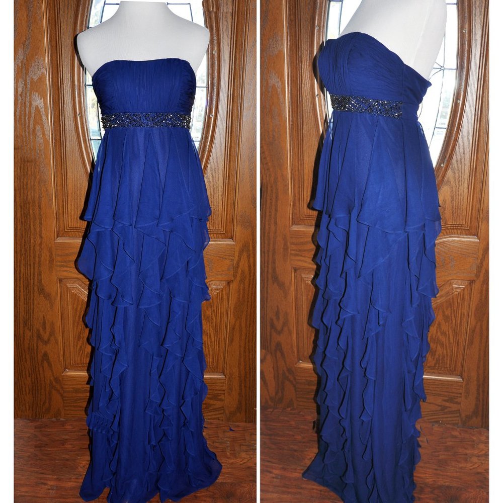 Hailey by Adrianna Papell Navy Blue Strapless Formal Layered Evening Gown